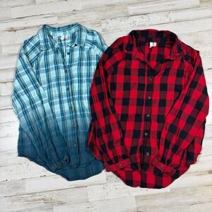 SO Lot Of 2 Plaid Button Down Shirt Girls XL 14 16 Red Black Blue Ombre Cotton‎